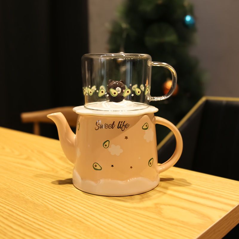 可爱陶瓷印花冷水壶家用客厅凉水壶玻璃茶杯套装耐热耐高温喝茶壶 一杯两用-牛油果
