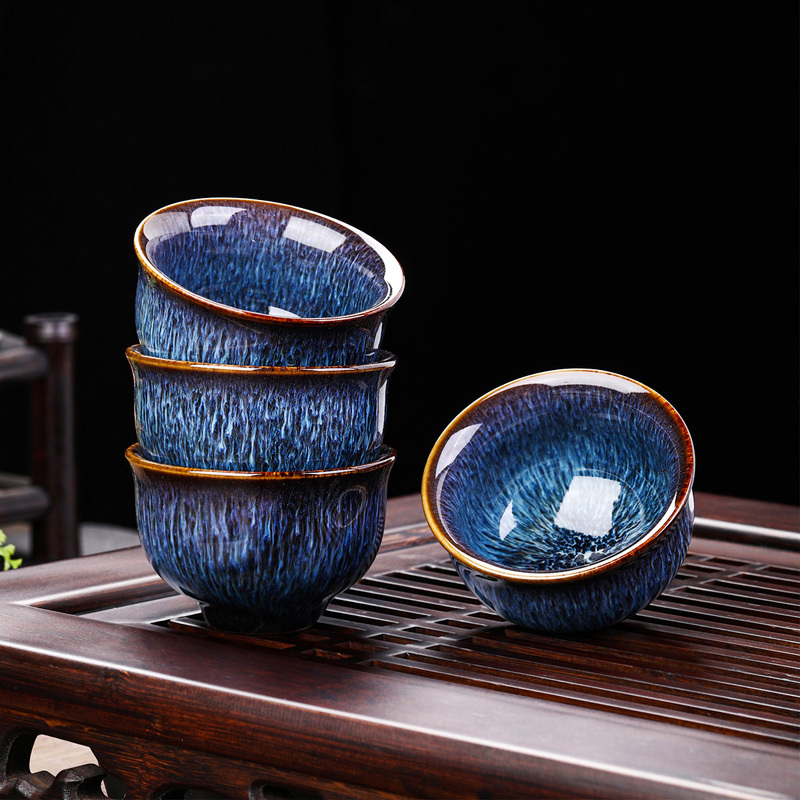 功夫茶具套装家用陶瓷天目窑变泡茶器客厅办公室会客整套 井中月功夫茶具12头(窑变蓝)