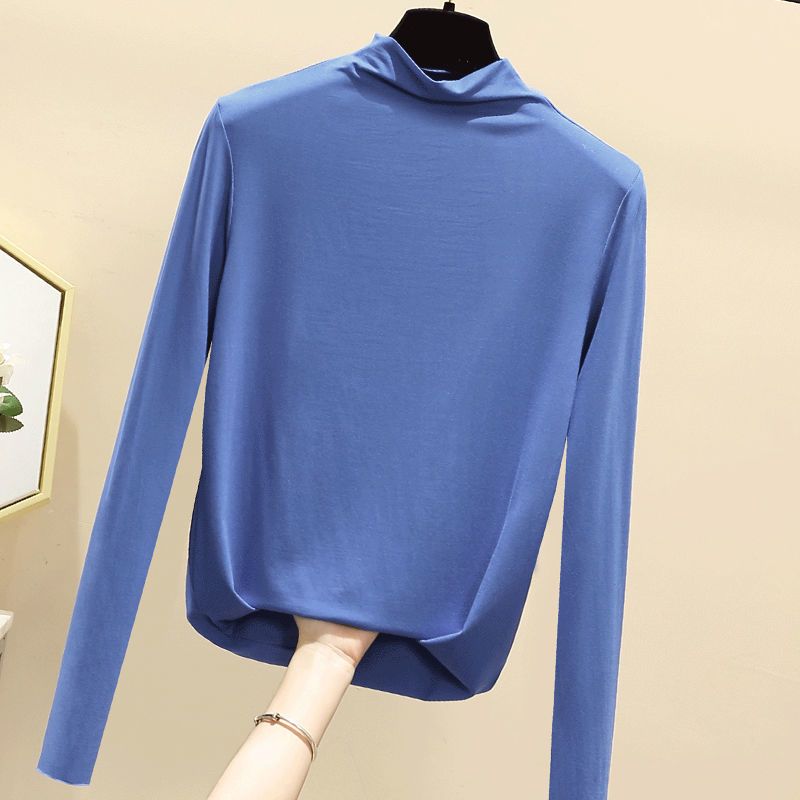 莫代尔半高领打底衫女2020春秋新款内搭紧身长袖纯色T恤薄款上衣