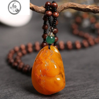 JiMi老蜜蜡色水滴吊坠长男女民族风琥珀项链鸡油黄方牌毛衣链配饰方 老料祥瑞葫芦