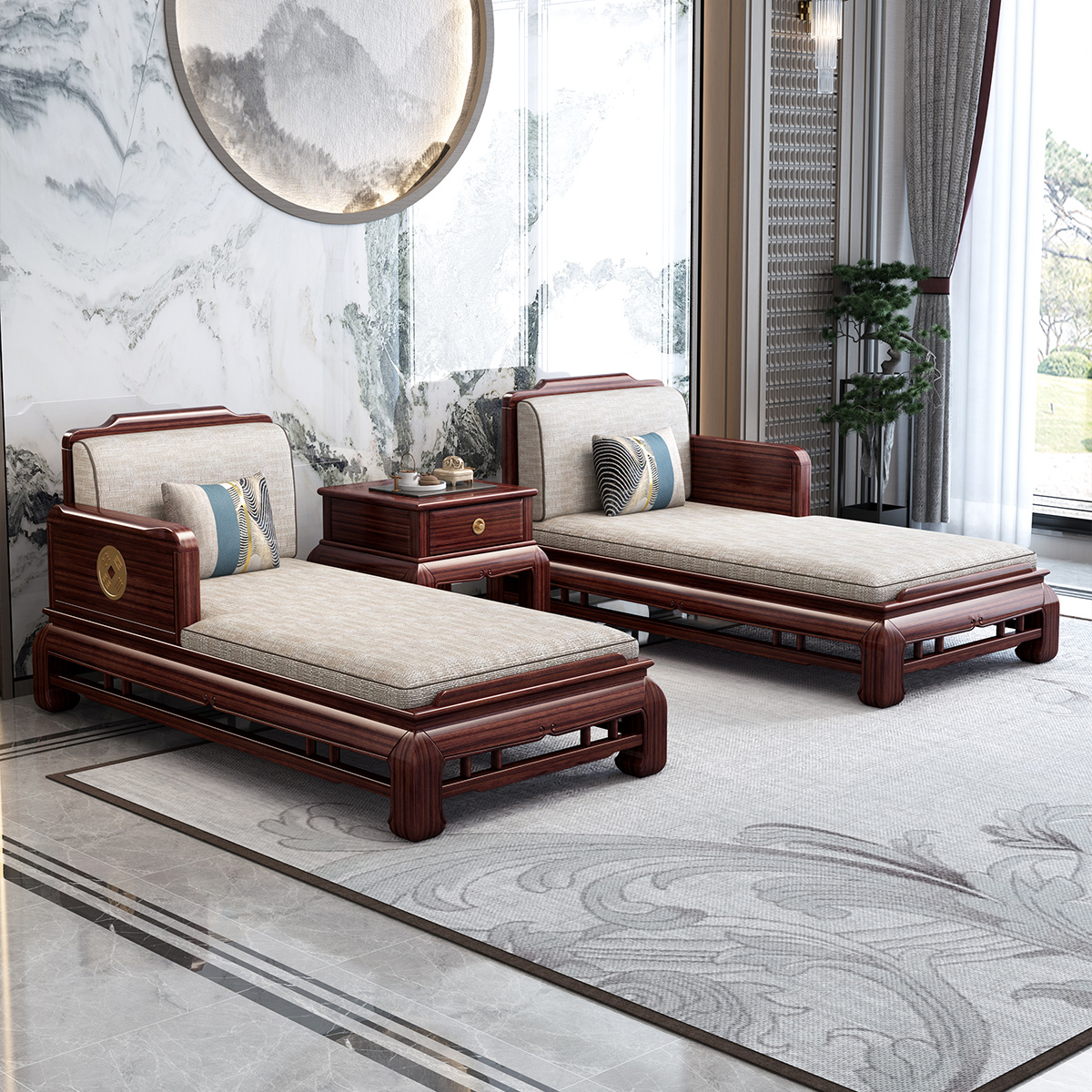 月影梳桐新中式实木贵妃榻乌金木沙发客厅布艺阳台休闲懒人单人贵妃椅