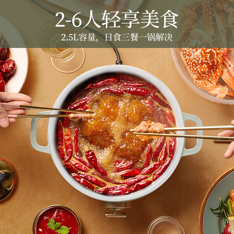 奥克斯电煮锅家用多功能小火锅锅一体小型宿舍学生电炒锅电热火锅 白色(带蒸笼)