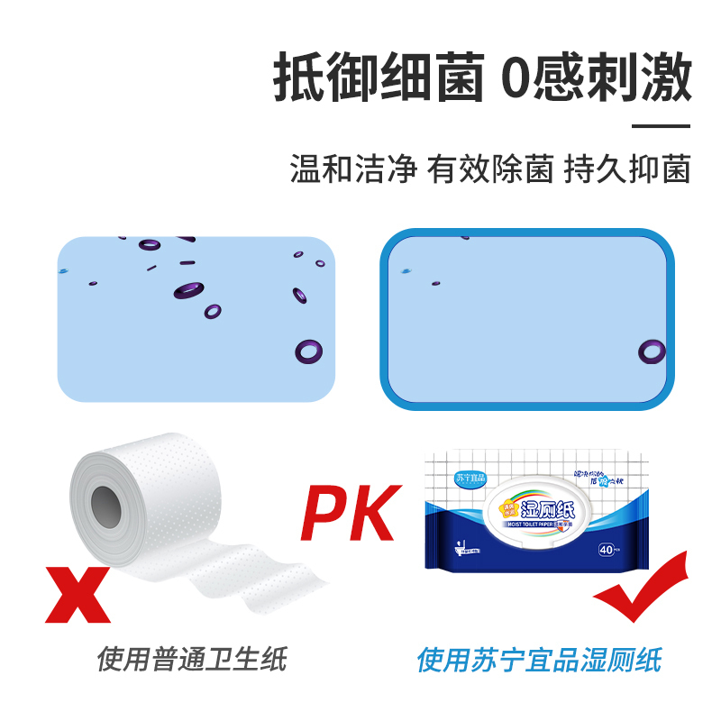苏宁宜品湿厕纸40片*3包带盖家庭装水润清爽擦屁屁湿厕纸高清大图