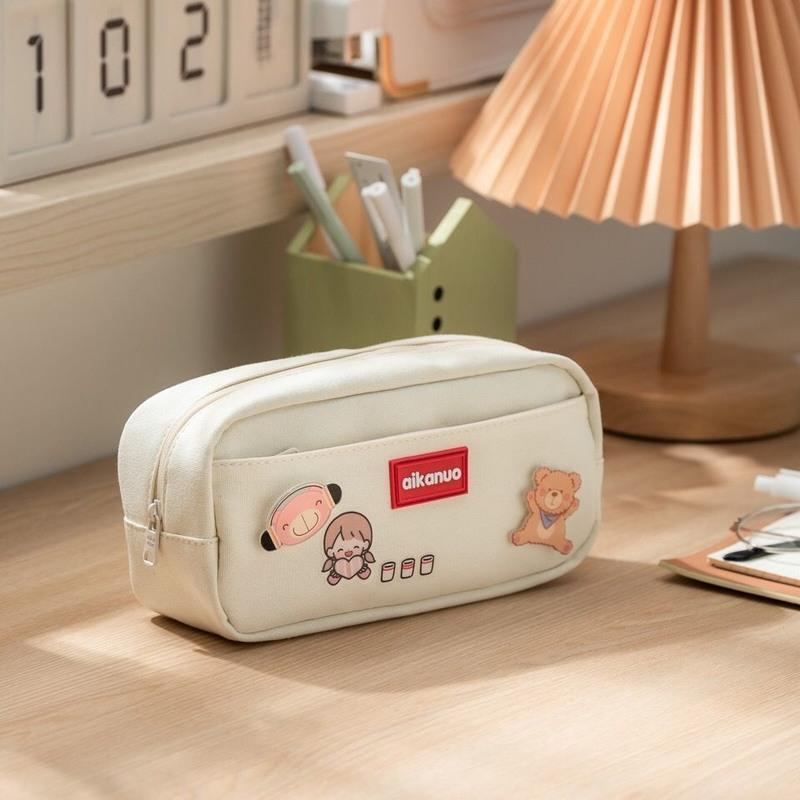 大容量笔袋日系韩国少女心笔袋简约小清新初高中学生用帆布文具盒 米