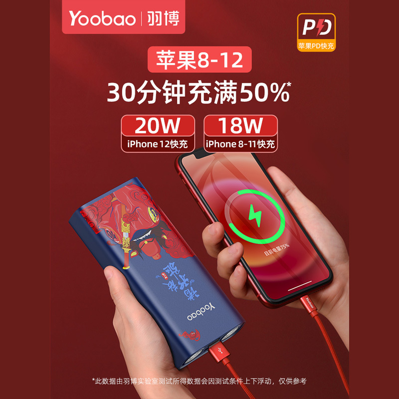 羽博 充电宝移动电源H2 国潮·牛转钱坤 20000mAh带led灯快充移动电源大容量通用手机手电筒适用于苹果华为充电宝