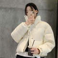 中欧美新短款2024小个子立领羽绒棉服女PU皮加厚棉袄棉衣外套潮流 L 奶白