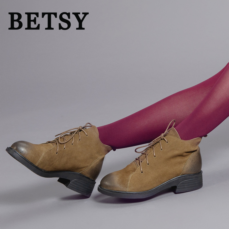 BETSY 磨砂牛皮拼接短靴女鞋高跟系带圆头中跟粗跟靴子马丁靴踝靴欧美复古英伦2018秋冬真皮女靴