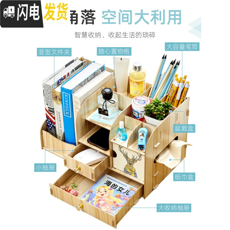 三维工匠办公室用品桌面收纳盒书架文件夹文具简易学生宿舍置物抽纸巾 W1缤果木(手机支架+锁+自带笔筒纸巾盒)高清大图
