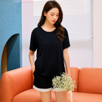 Jusen Shayu柔软新款夏季睡衣女生套装甜美蕾丝短袖短裤家居服女 L 黑色