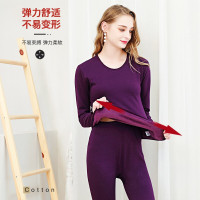 浪莎保暖内衣女士加绒加厚秋衣秋裤冬季圆领中老年防寒打底棉毛套 紫色 170/XL 大红色-170/XL