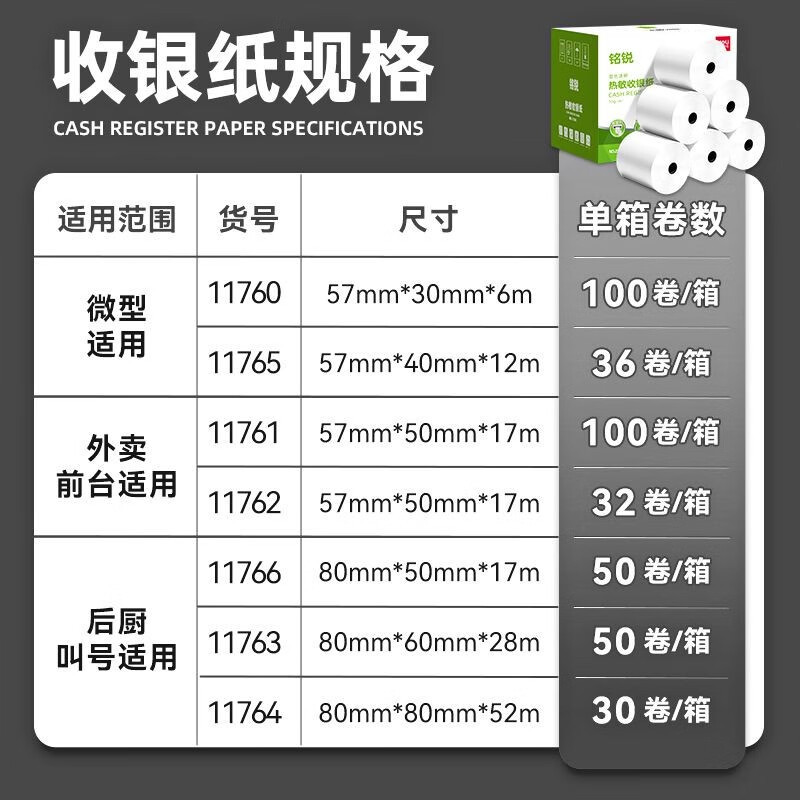 得力11762热敏收银纸57mm*50mm*17m 32卷/箱 超市外卖收银打印纸