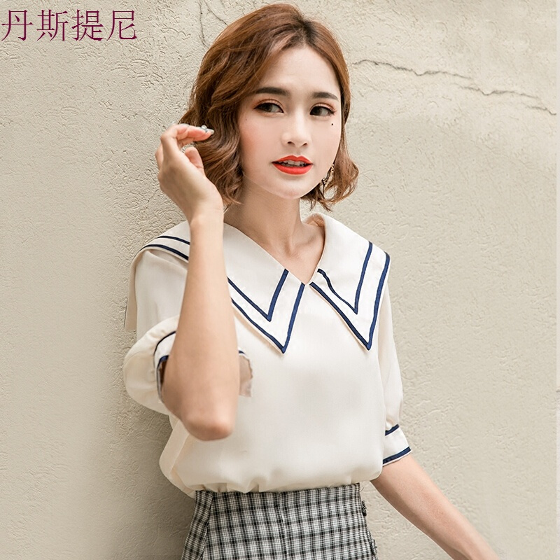 夏装2018韩版宽松女娃娃小衫雪纺衫短袖v领遮肚子上衣服