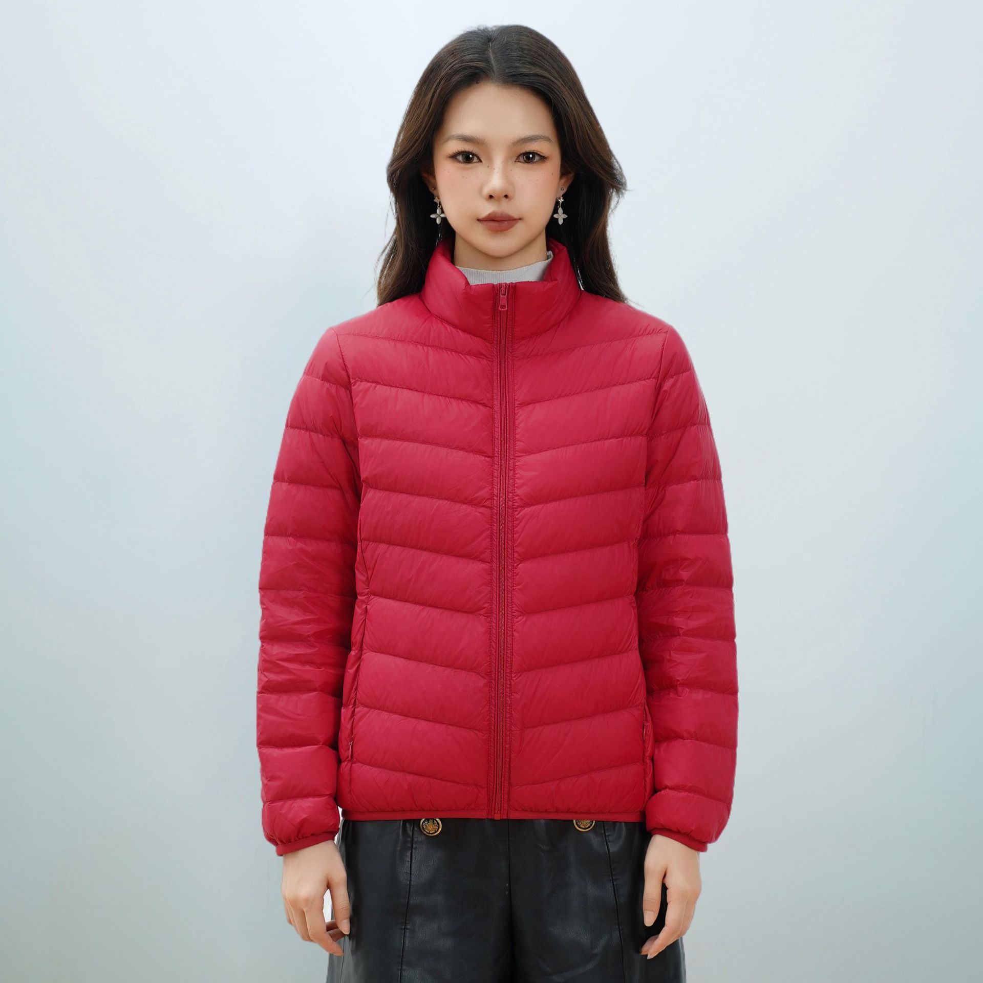 女式新国标90绒简约羽绒纯色女立领女装轻薄款羽绒服女士 红色 XL