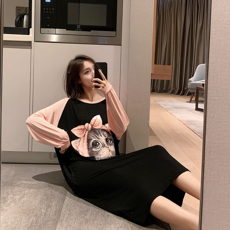 波迷娜(BOMINA)睡裙女 大码孕妇莫代尔秋季宽松长款薄款学生猫咪卡通睡衣 粉色 均码
