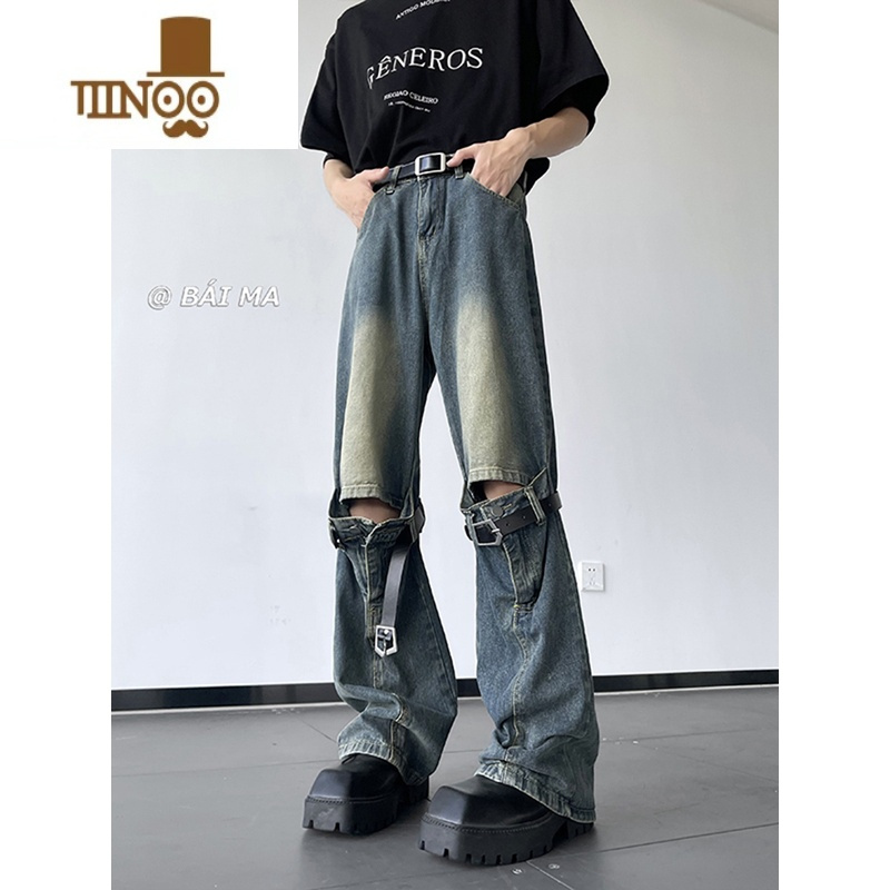 YANXU美式高街复古立体拼接设计牛仔裤男小众潮牌vibe微喇叭hiphop长裤