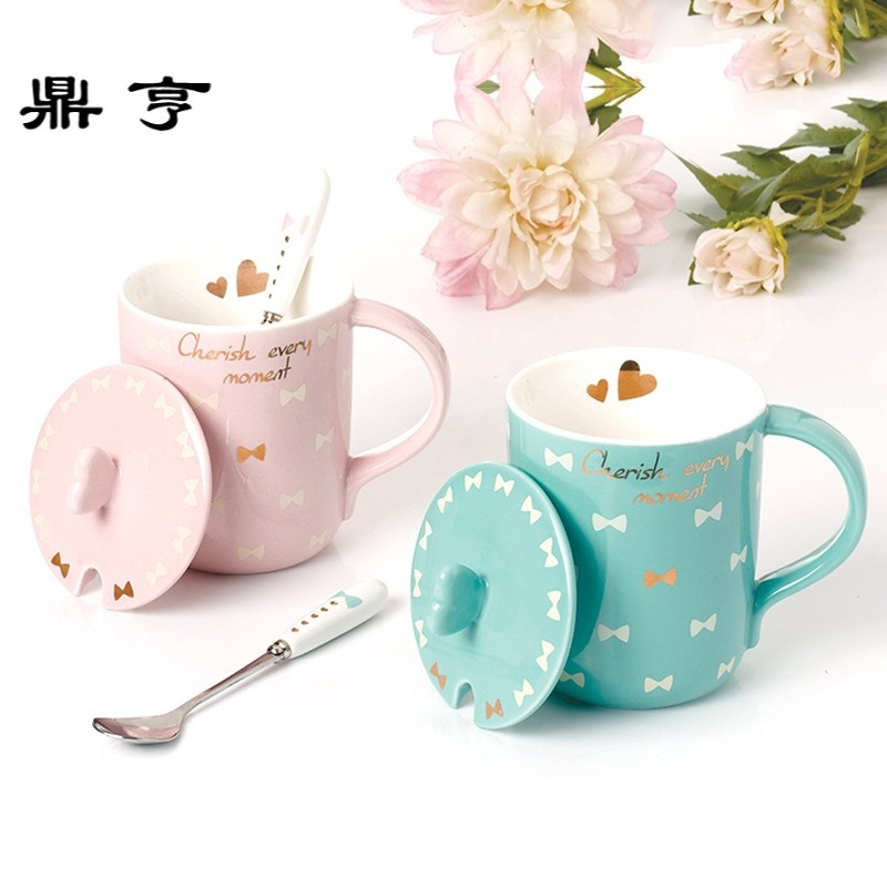 鼎亨创意情侣对杯陶瓷马克杯带盖勺可爱水杯子早餐简约咖啡杯下午