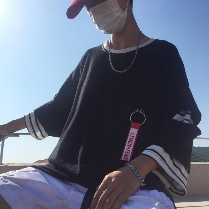 男士宽松T恤休闲学生拼色上衣黑色