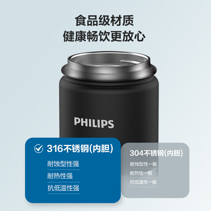 飞利浦(PHILIPS)保温杯316不锈钢出行户外运动水杯热饮啜饮口翻盖设计水杯子
