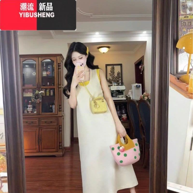YIBUSHENG今年流行的装女微胖多巴胺穿搭配一整套法式背带连衣裙子两件套图片