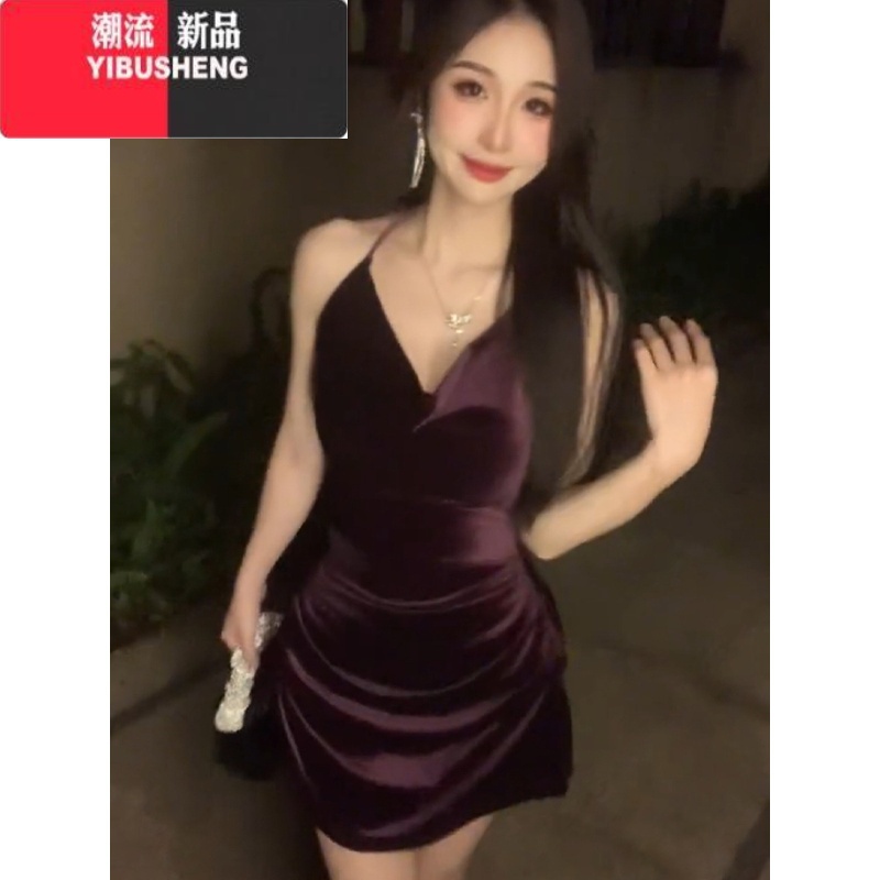 YIBUSHENG纯欲挂脖荡领收腰包臀裙高级感短裙法式吊带丝绒连衣裙女季新款高清大图
