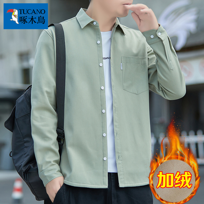 啄木鸟长袖衬衫男士加绒厚秋冬季纯棉休闲上衣新款宽松衬衣外套休高清大图