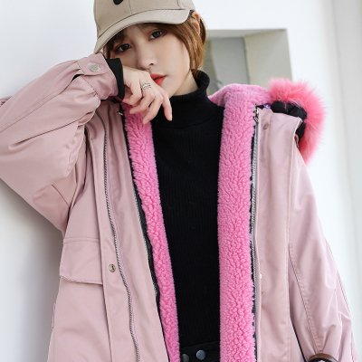 雪米贝奴 派克服女新冬款颗粒绒羊羔毛内胆可拆卸狐狸毛领大衣短款皮草外套