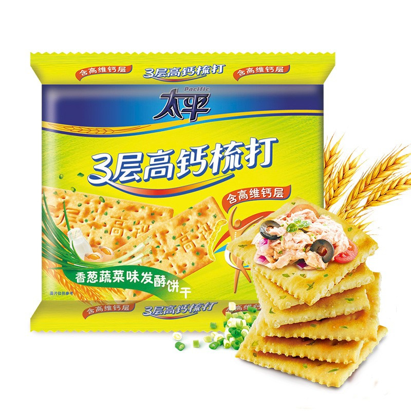 太平三层高钙梳打饼干400g2包装香葱蔬菜奶盐味苏打饼干小吃零食生产
