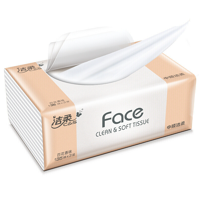 洁柔(C&S)纸面巾抽纸15包(Face粉百花香味软抽)135抽3层3包装*5提(PR069-03)