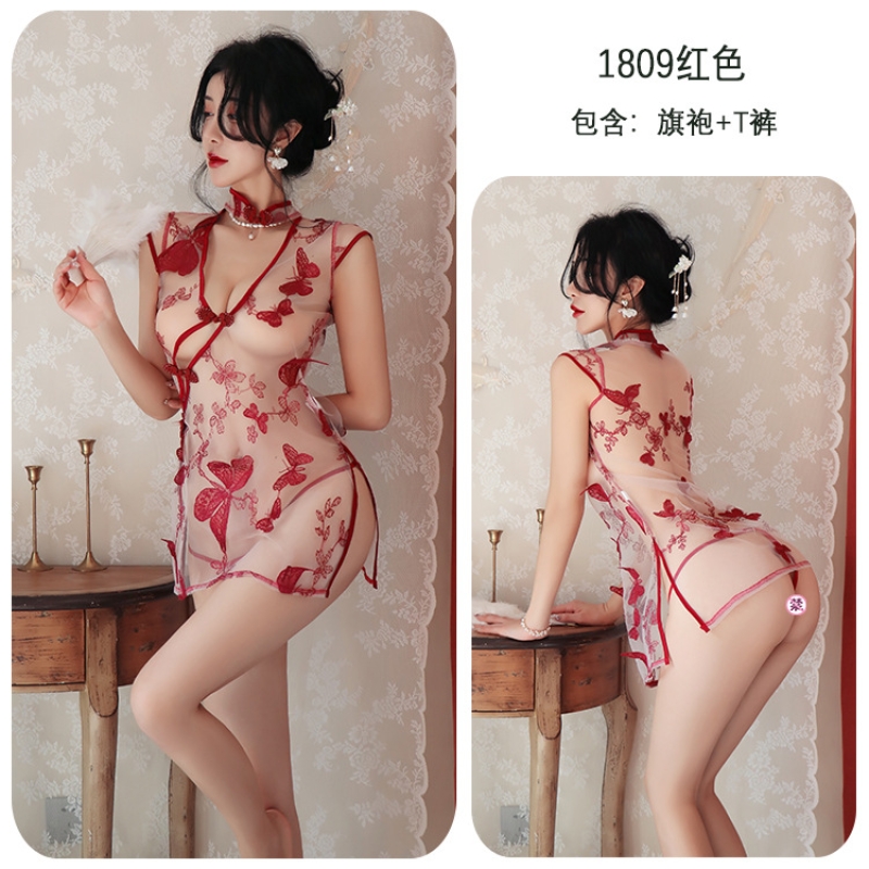 长夜漫漫情趣内衣性感透视睡裙诱惑复古镂空绣花旗袍制服诱惑1809 红色 均码(80-125斤)