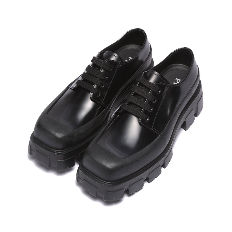 普拉达prada男士亮面皮革系带方头厚底皮鞋德比鞋2eg411055fg001