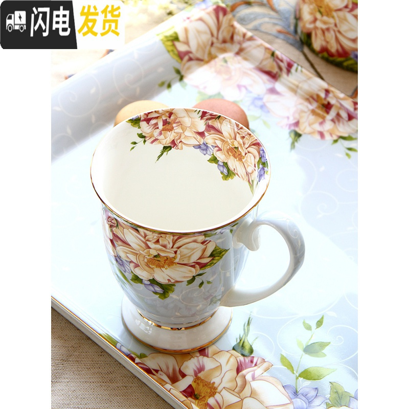 三维工匠水杯杯具家用套装陶瓷客厅杯子托盘水具欧式轻奢茶杯骨瓷水壶礼盒 蓝色妖姬8件水具(6杯+1壶+架子)(高壶版)