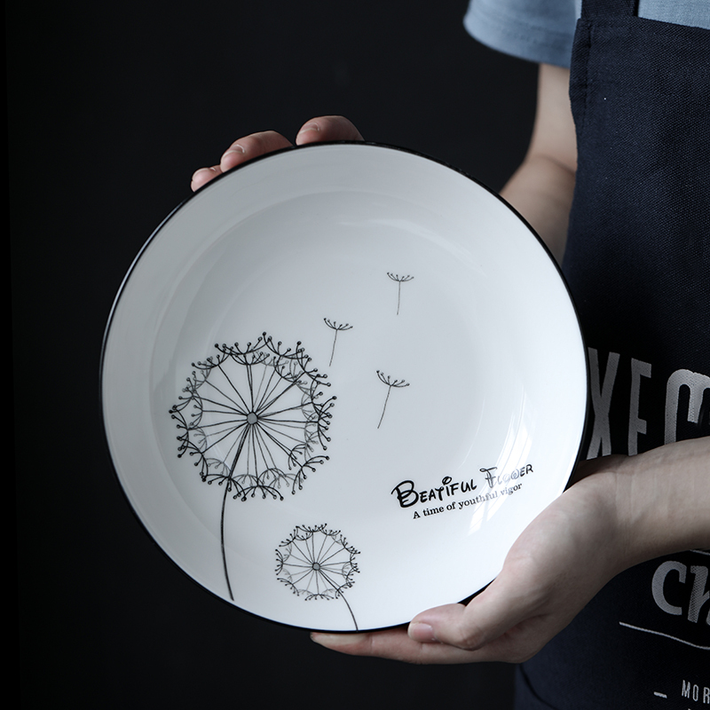 苏氏陶瓷( SUSHI CERAMICS)汤盘子 蒲公英简约家用陶瓷菜盘子8英寸4只装餐具套装