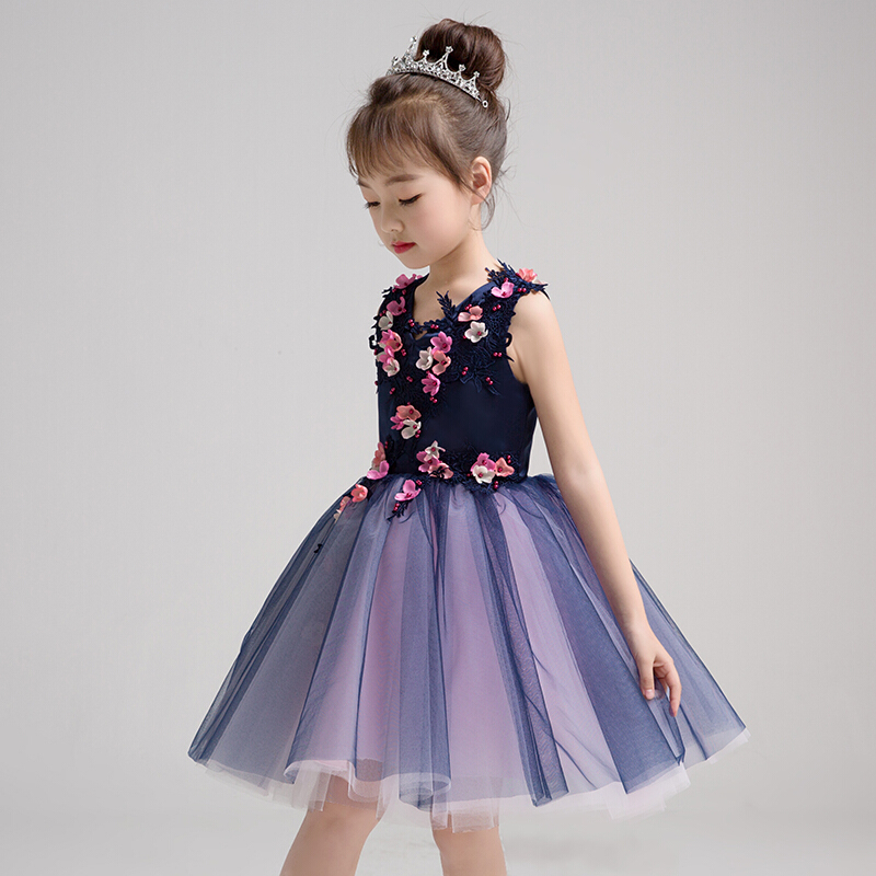 儿童公主裙走秀礼服女童小主持人模特演出服花童婚纱女宝宝蓬蓬裙藏青