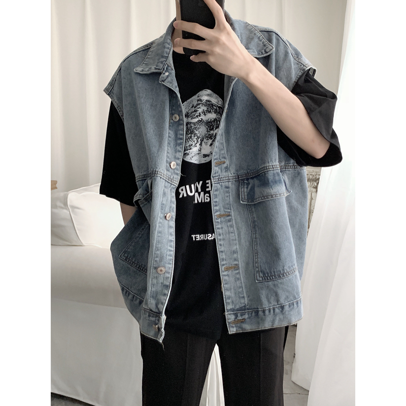 SUNTEK工装牛仔马甲男宽松2020春韩版bf新款无袖牛仔外套马夹潮马甲/背心
