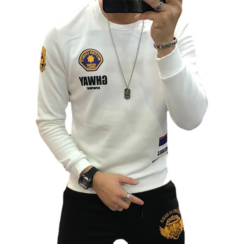 欧货春秋季卫衣男加绒加厚圆领修身韩版潮流印花青年长袖T恤打底高清大图