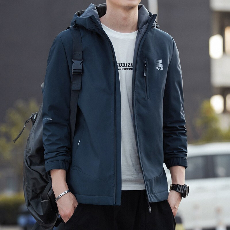 梵克公牛春秋时尚休闲宽松百搭男式连帽夹克外套纯色大码显瘦青年男装
