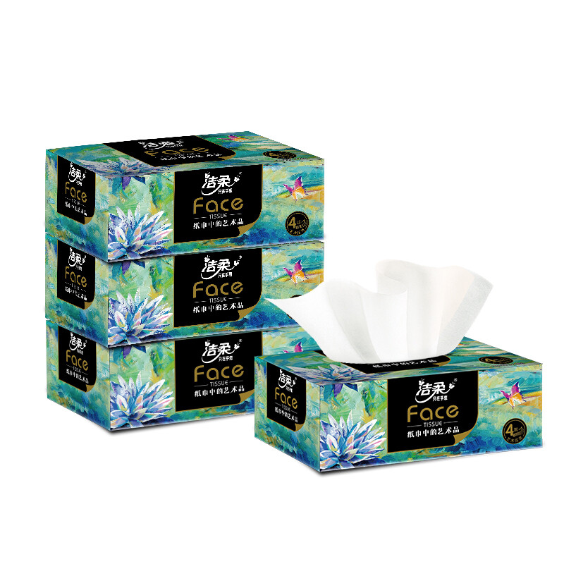 洁柔抽纸 艺术油画Face盒抽加厚4层90抽*4盒 可湿水面巾纸 柔软亲肤