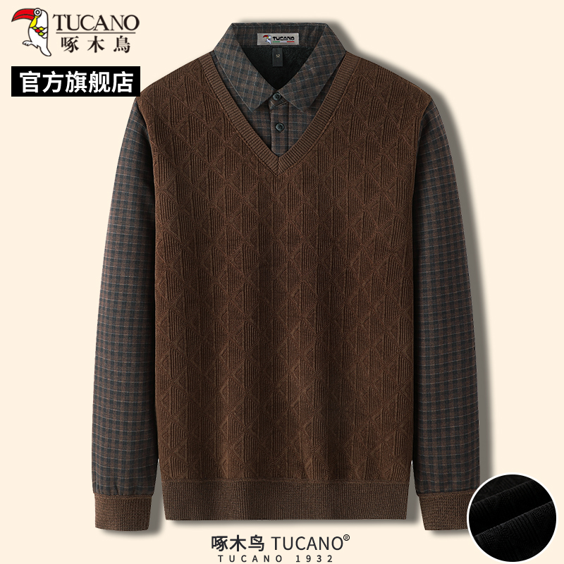 啄木鸟冬季新款中年爸爸装针织衫保暖羊毛衫男士毛衣宽松假两件装高清大图