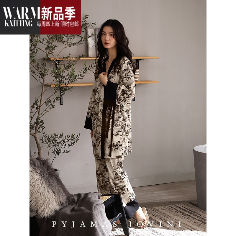 SHANCHAO2023新款睡衣女长袖长裤宽松日式和服睡袍家居套装