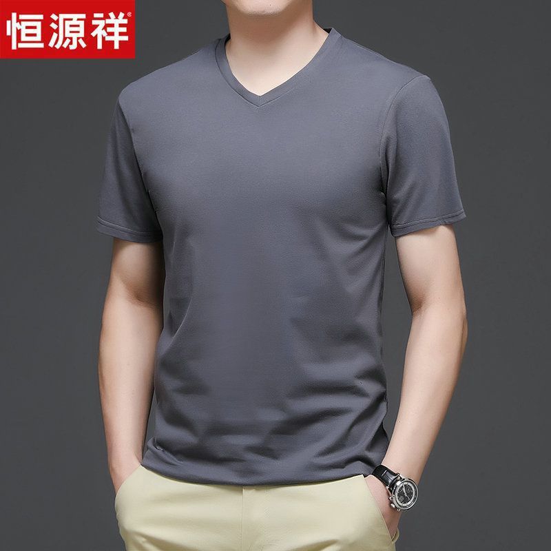 恒源祥纯棉短袖t恤男v领夏季白色内搭半袖男士纯色打底衫