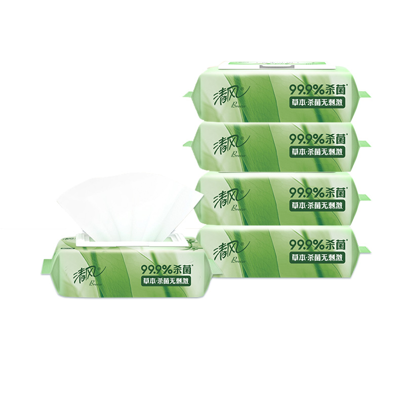 清风湿巾草本杀菌厚实强韧湿水润纸巾60片5包BWB60YE