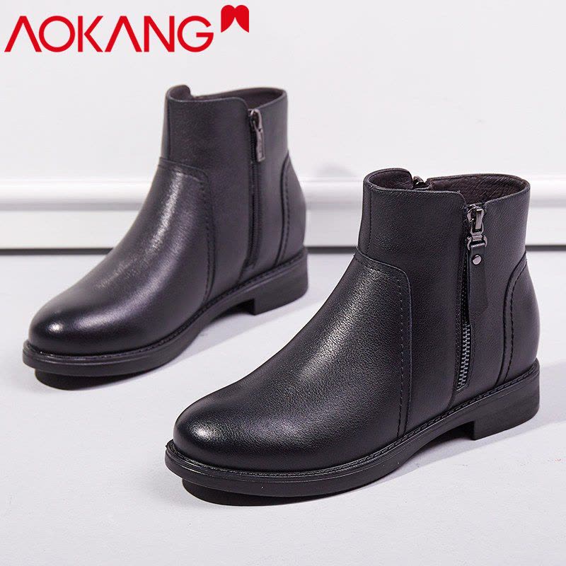 奥康女鞋冬季时尚保暖绒毛高帮裸靴英伦复古粗跟女士切尔西加绒短靴女妈妈鞋图片