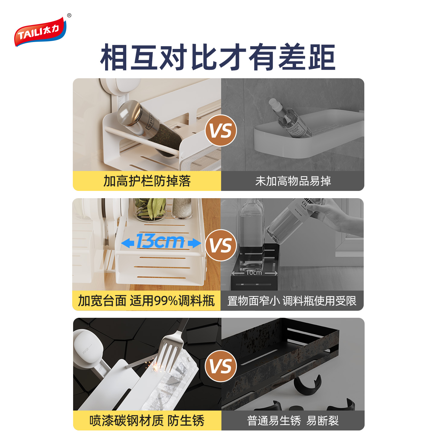 太力吸盘厨房置物架调料架多功能壁挂式调味品墙上收纳架子免打孔 【加高护拦】吸盘40CM调料架带钩（1个）