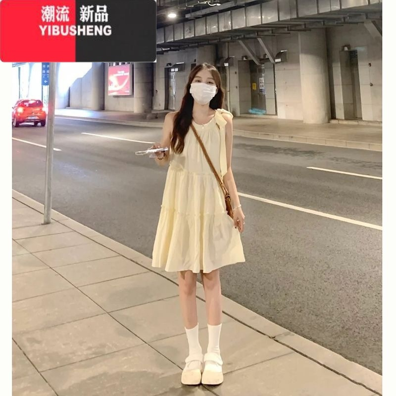 YIBUSHENG法式无袖挂脖气质连衣裙女季2024新款宽松显瘦小个子木耳边短裙