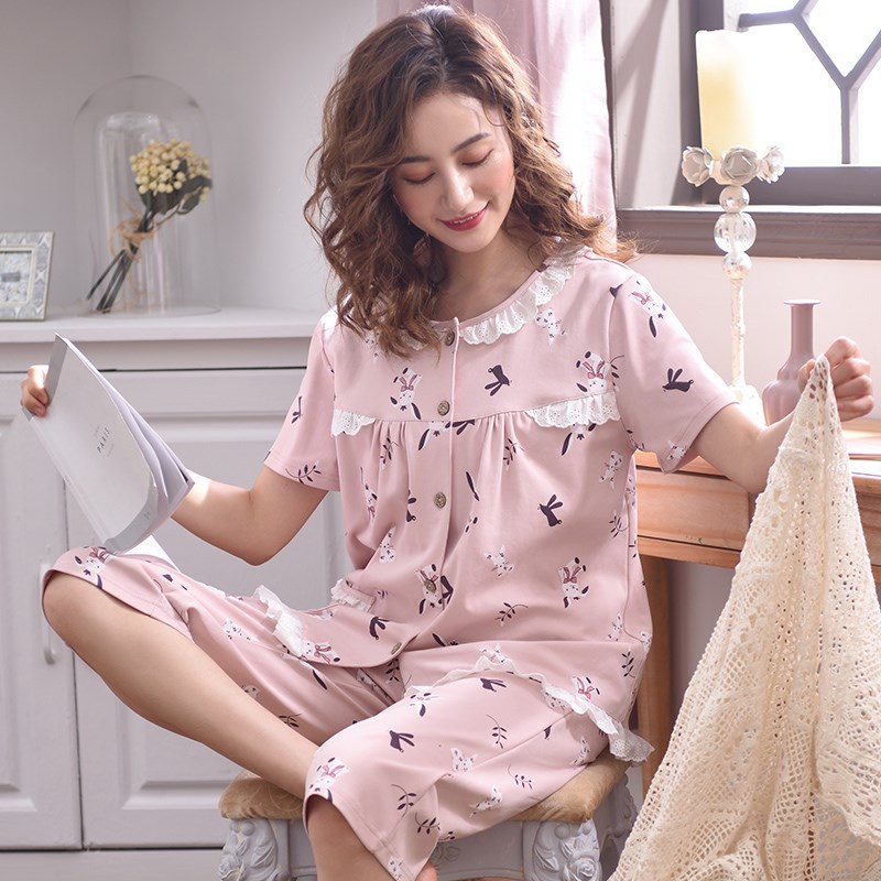 夏季睡衣少女士纯棉短袖中年妈妈宽松带扣子开胸七分裤家居服套装