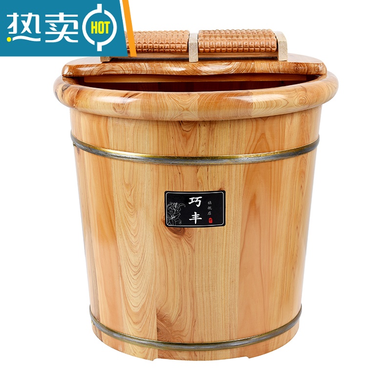 JING PING泡脚桶木质40cm高深桶泡脚盆木桶家用实木过小腿木头制足浴洗脚桶高清大图