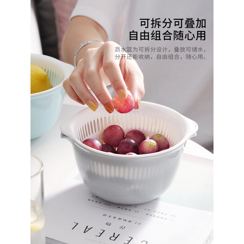 家柏饰(CORATED)北欧风家用沥水篮塑料双层创意加厚厨房洗菜水果盆子小号迷你果盘 大号浅蓝高清大图