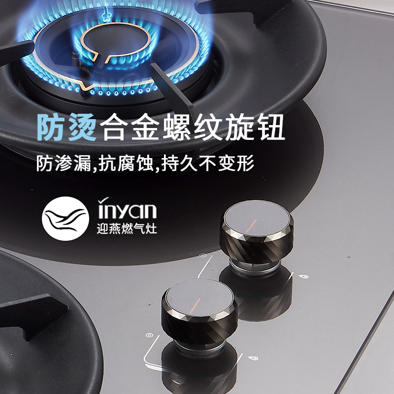 迎燕inyan一级双炉头大火力燃气灶玻璃钢面板灶面热电偶熄火保护高效节能燃烧高清大图