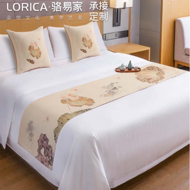 中式印花床尾巾荷花韵宾馆民宿床旗酒店床尾搭巾会所床盖巾1.2米床,50*180cm