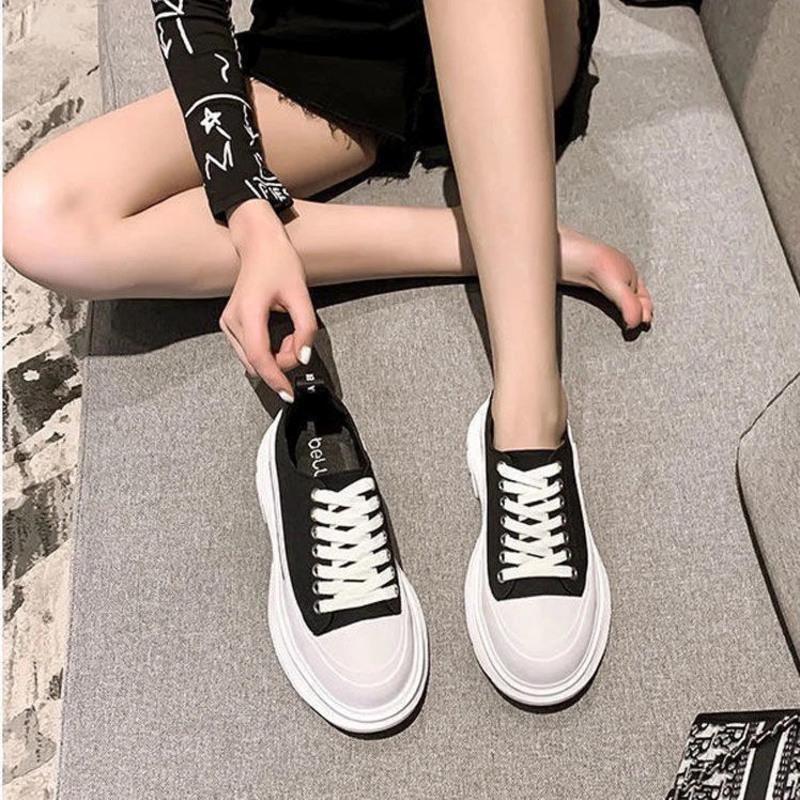帆布小白鞋女2021春夏秋三季新款百搭休闲单鞋松糕厚底鞋增高女鞋 黑色827 37